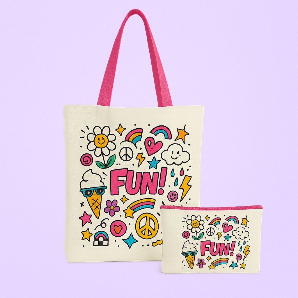 Tote bag et trousse personnalisés Flower Power, design fleuri et tendance rétro.