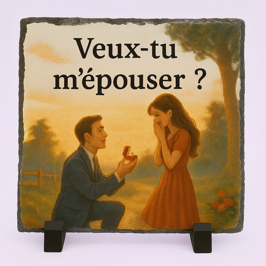Ardoise personnalisée par sublimation pour une demande en mariage, souvenir romantique et unique.