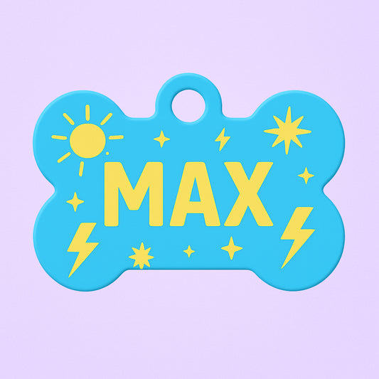 Plaque pour chien sublimer  et personnalisée avec prénom et coordonnées, idéale pour la sécurité de votre animal.