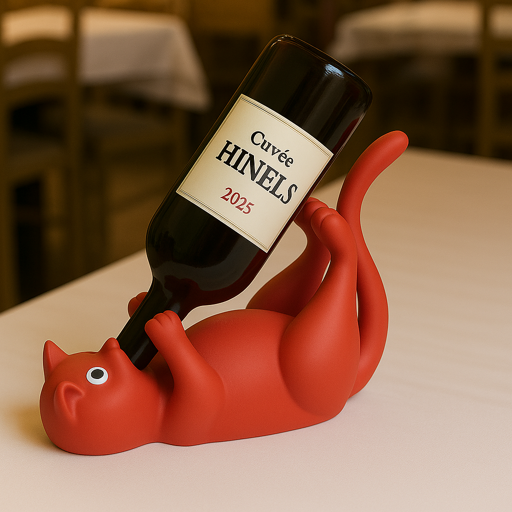 Porte-bouteille Chat joueur en impression 3D, fabrication française, design unique et original.