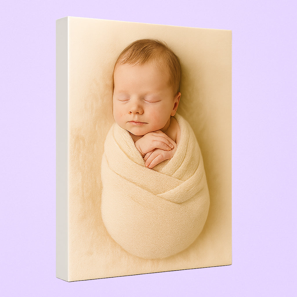 Tableau UVDTF bébé personnalisé avec photo magique, souvenir unique et décoratif pour célébrer une naissance ou une chambre d’enfant.