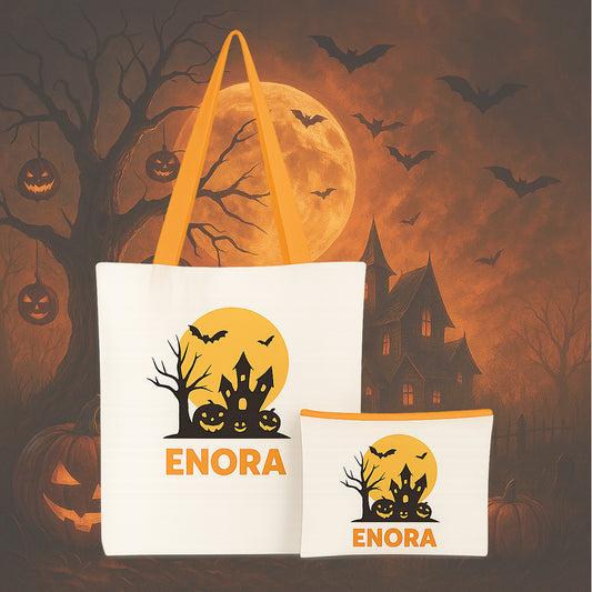 Tote bag personnalisé avec motif citrouille et prénom, accessoire pratique et cadeau original pour Halloween.