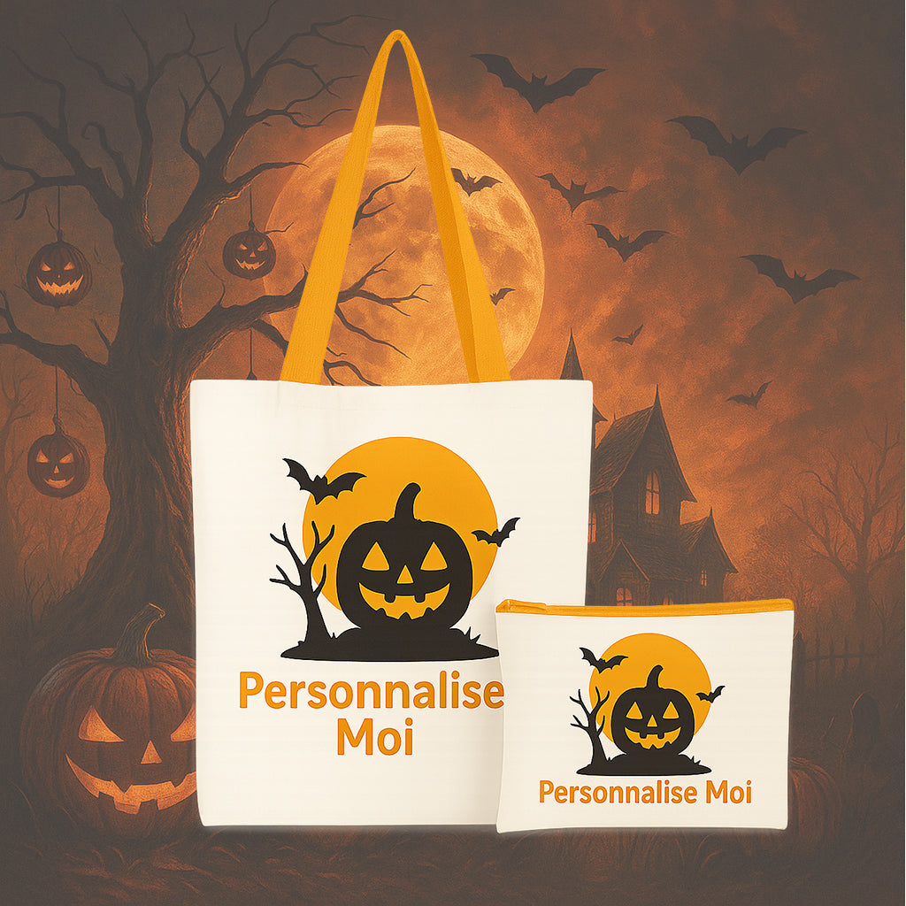 Tote bag personnalisé Halloween avec design citrouille et prénom, parfait comme sac réutilisable ou cadeau festif.