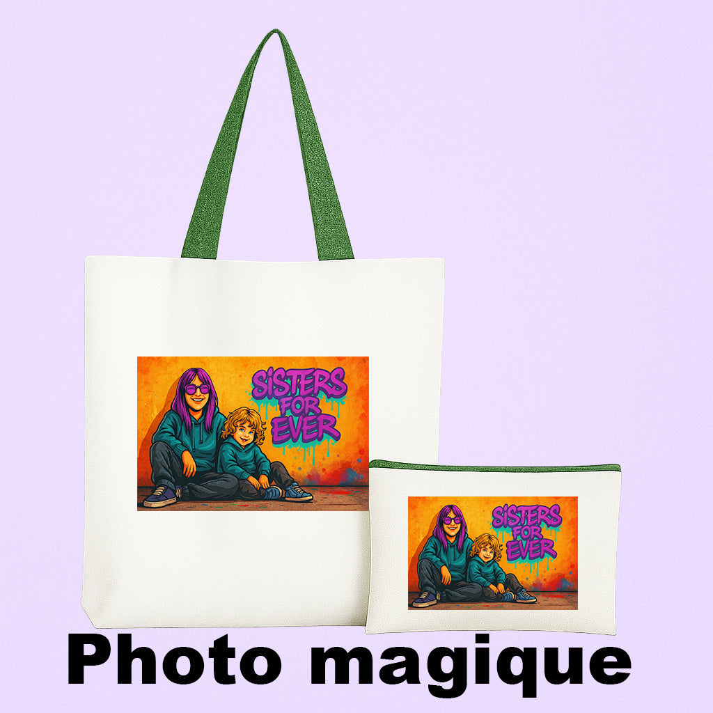 Tote bag et trousse personnalisés photo magique, transformez votre image en création unique.